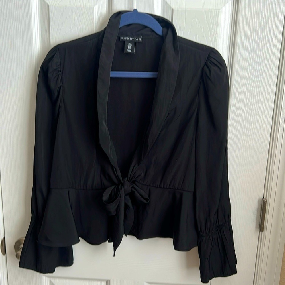 Sincerely Jules Tie Front Peplum Top‎ Blouse Long Sleeve Black Size Large